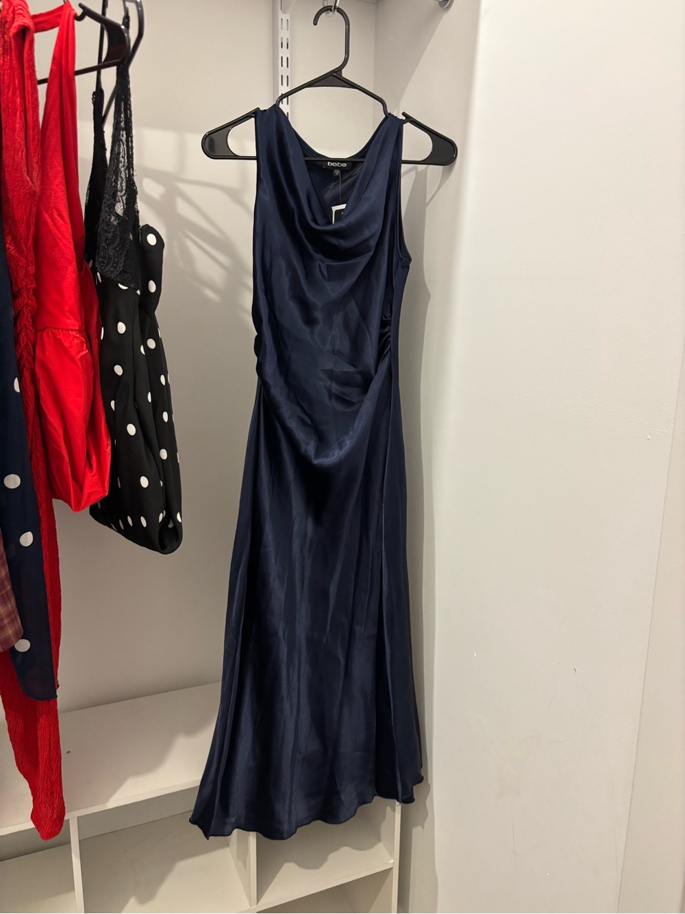 bebe Navy Satin Cowl Neck Maxi Dress